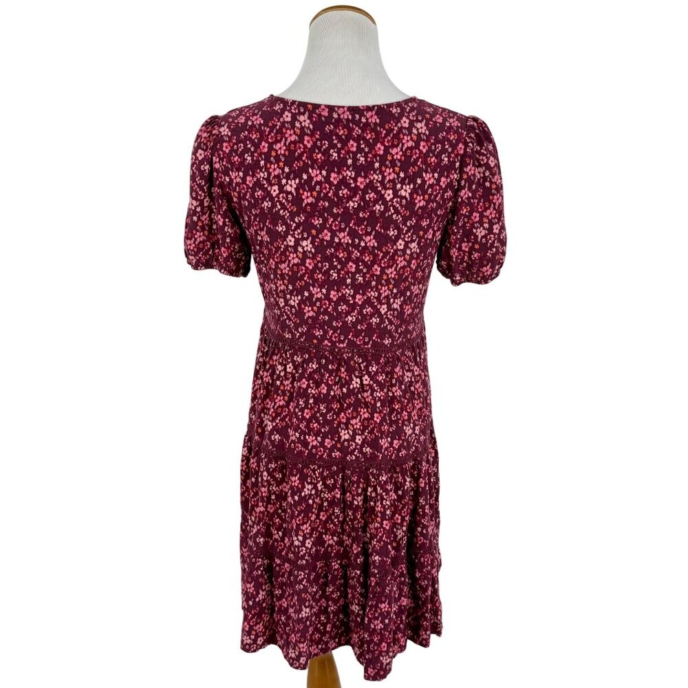 Wild Fable Burgundy Floral Crochet Trim Tiered Hem Grunge 90s Babydoll Dress - Picture 7 of 13
